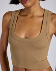 Close up of Cropped Tank Top in Desert Brown on Kira