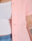 Pantry Button-Up in Baby Pink front close up on Juliet