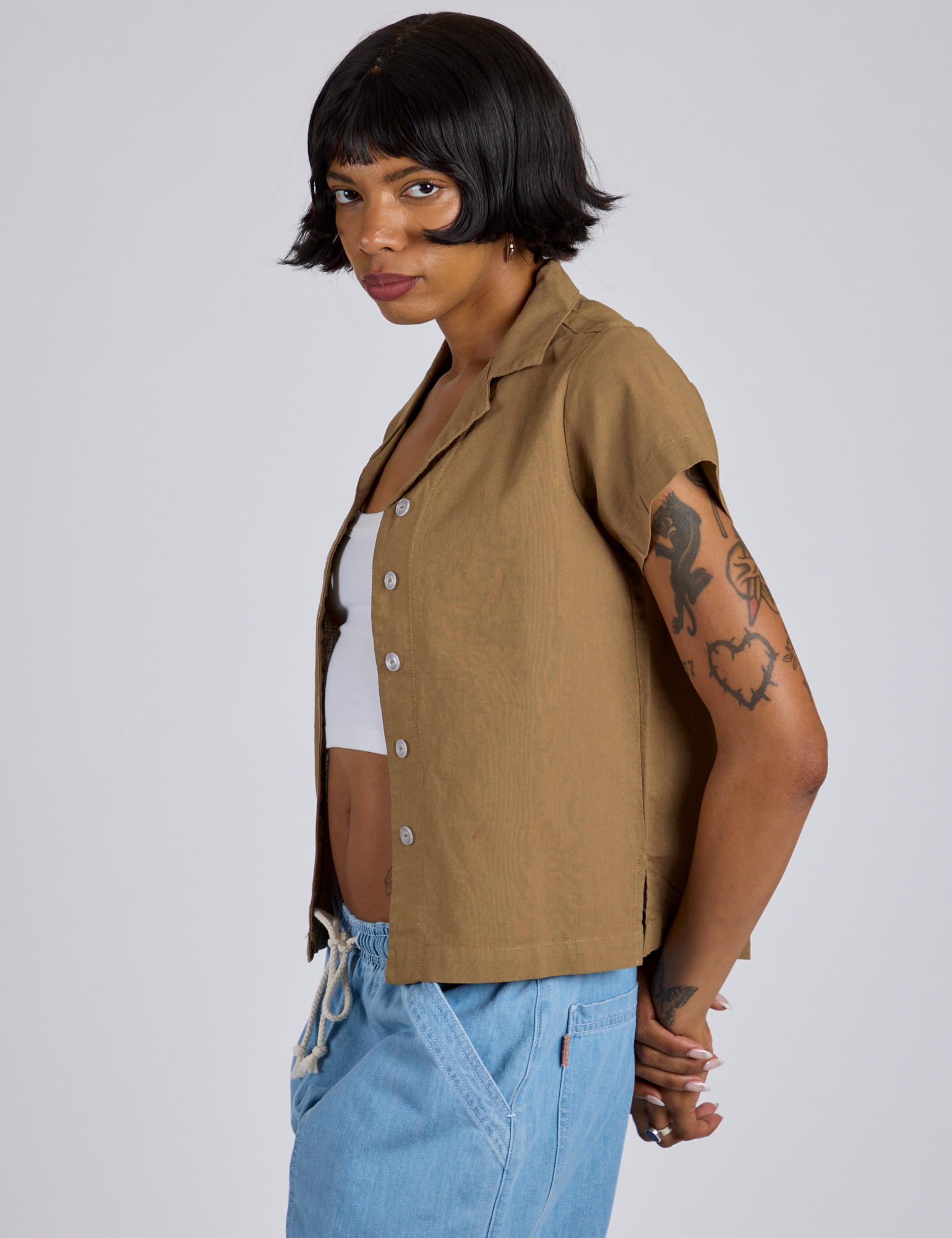 Pantry Button-Up in Desert Brown side view on Kira