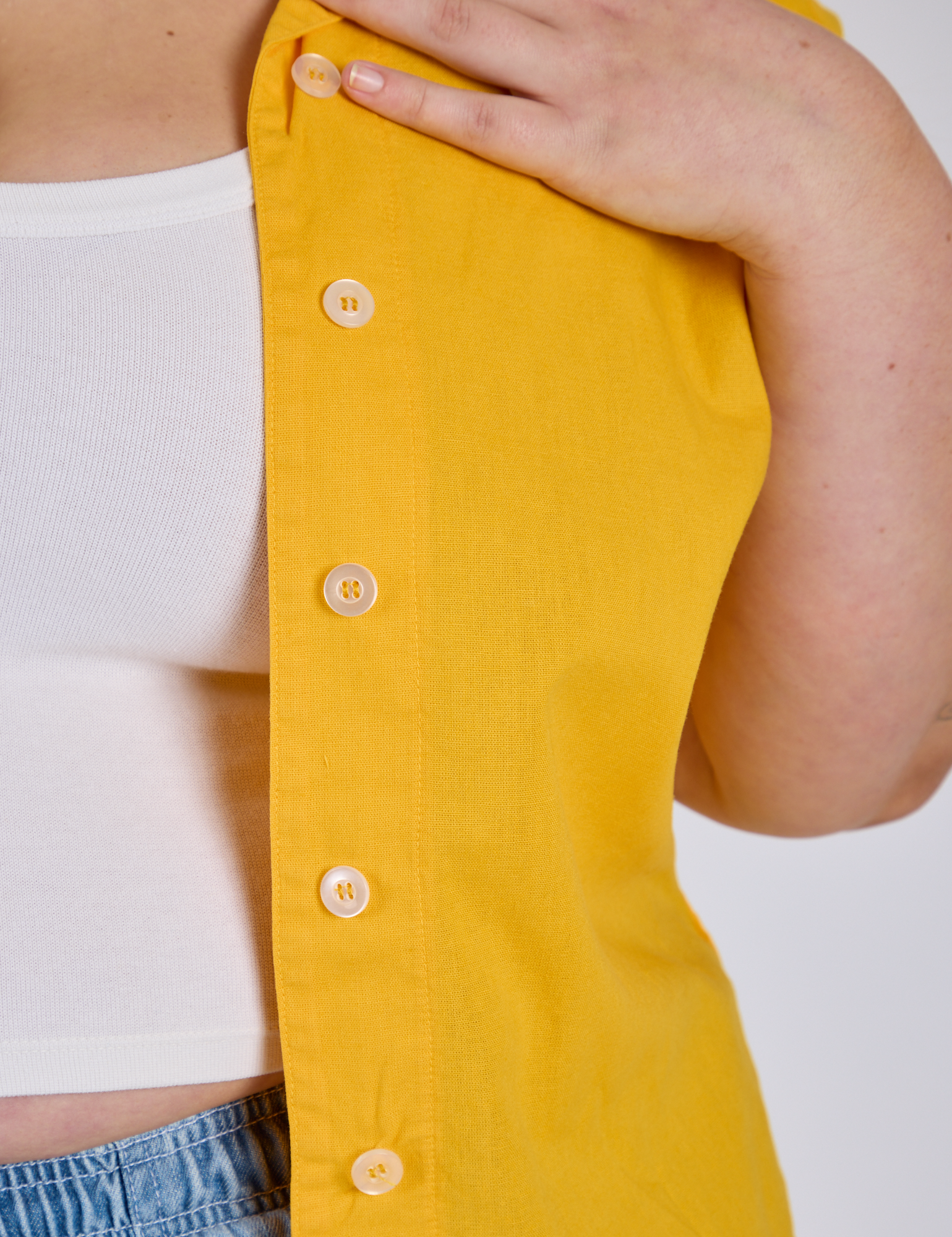 Pantry Button-Up in Sunshine Yellow close up on Juliet
