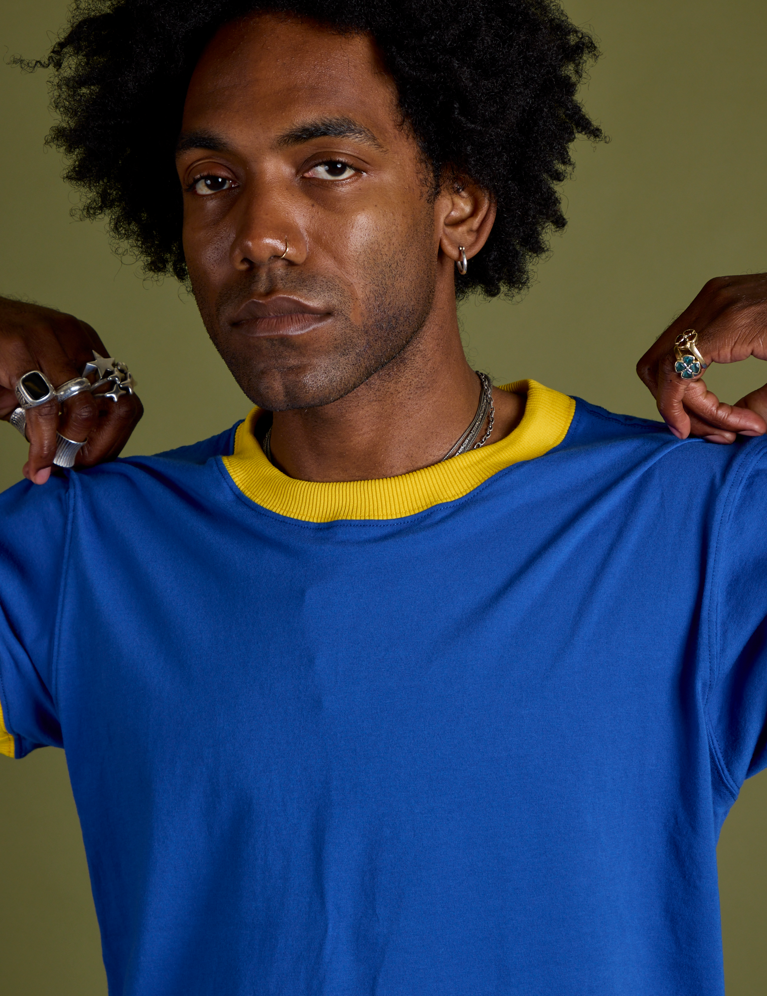 Vintage Ringer Tee in Royal Blue front close up on Jerrod
