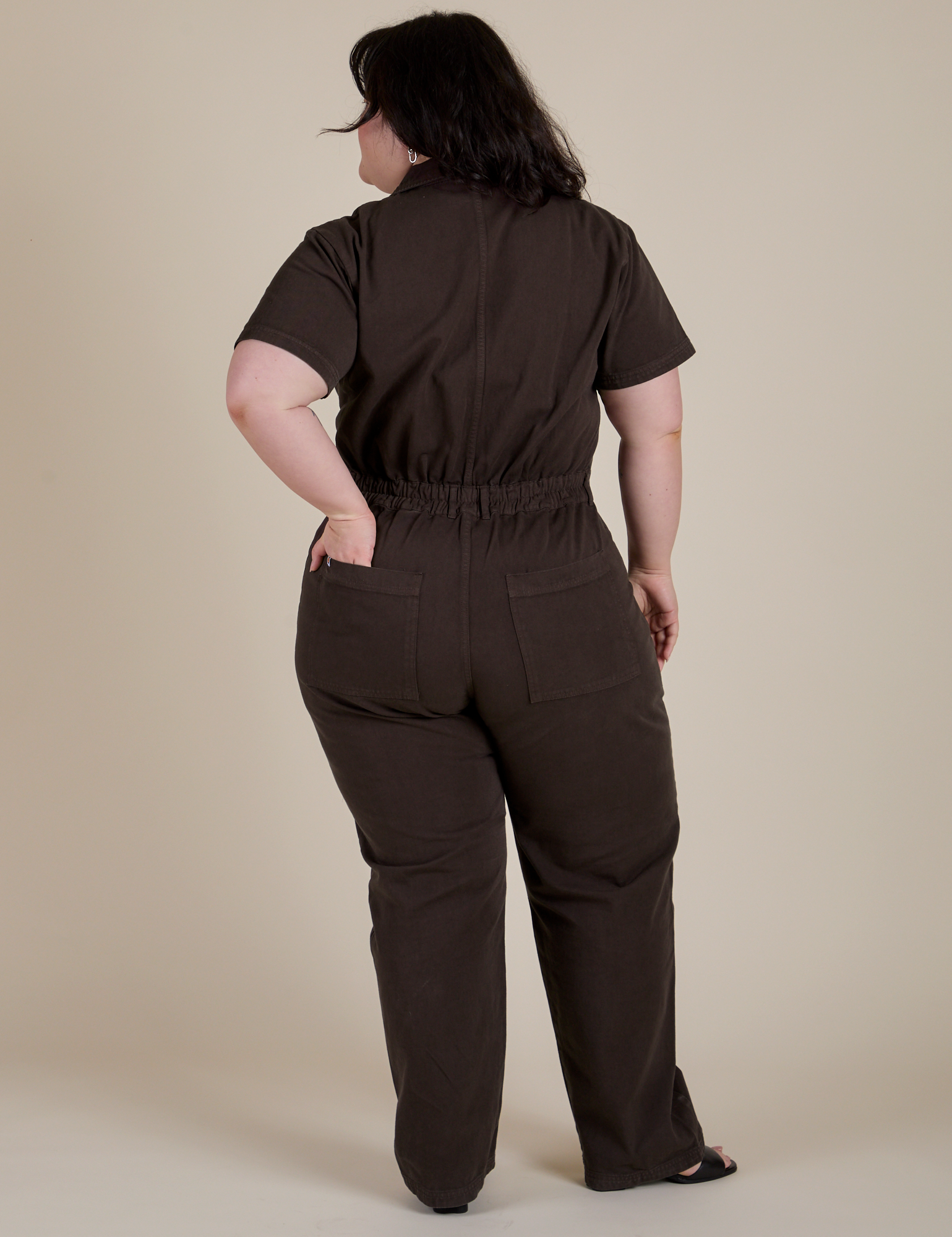 Short Sleeve Jumpsuit in Espresso Brown back view on Ashley