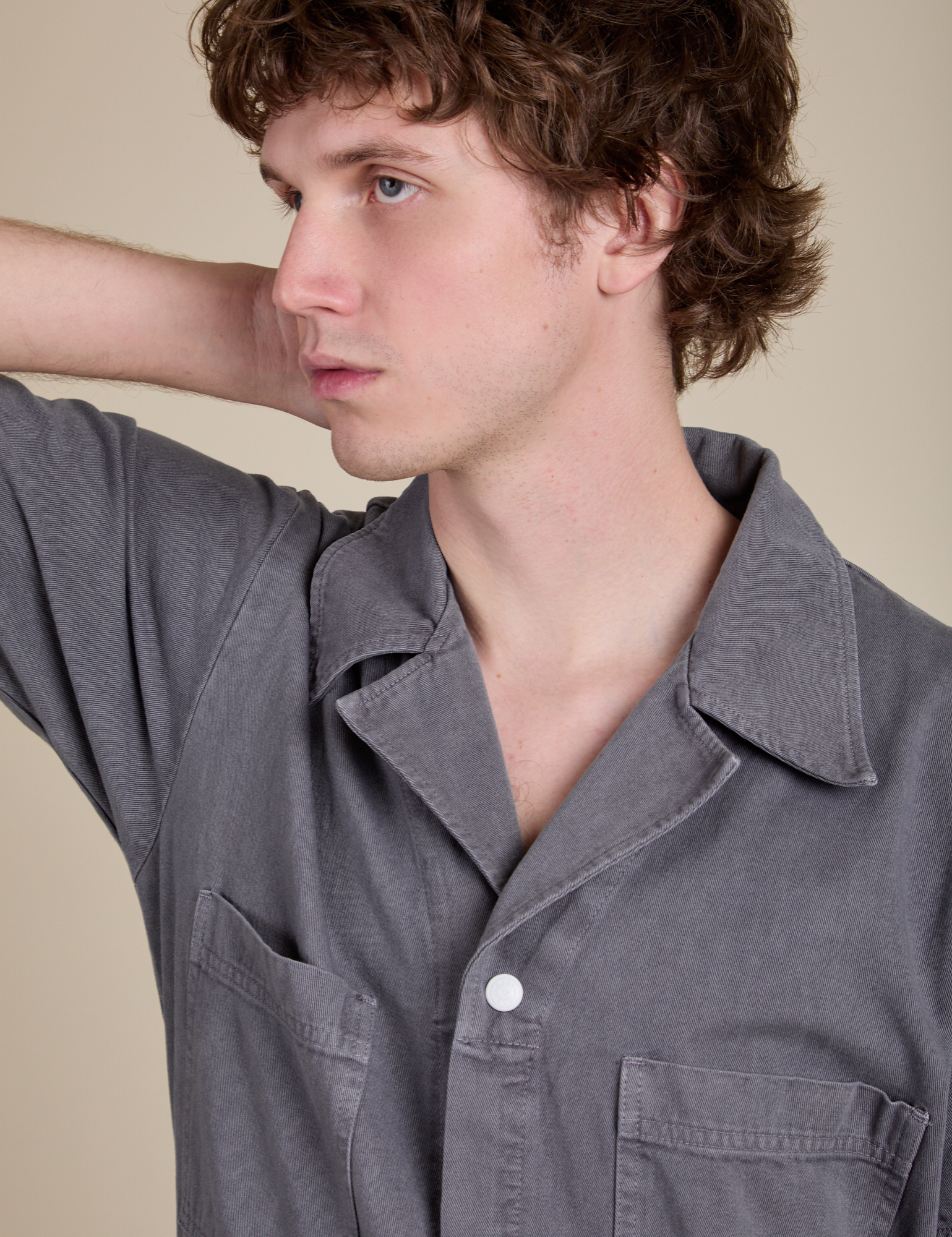 Short Sleeve Jumpsuit in Washed Grey front close up on Quinn
