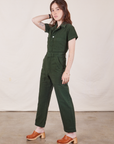 Petite Short Sleeve Jumpsuit in Swamp Green side view on Hana