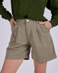 Pleated Trouser Shorts in Khaki Grey front close up on Alex