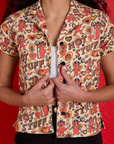 Front close up of Hot Stuff Print Pantry Button-Up on Shahana