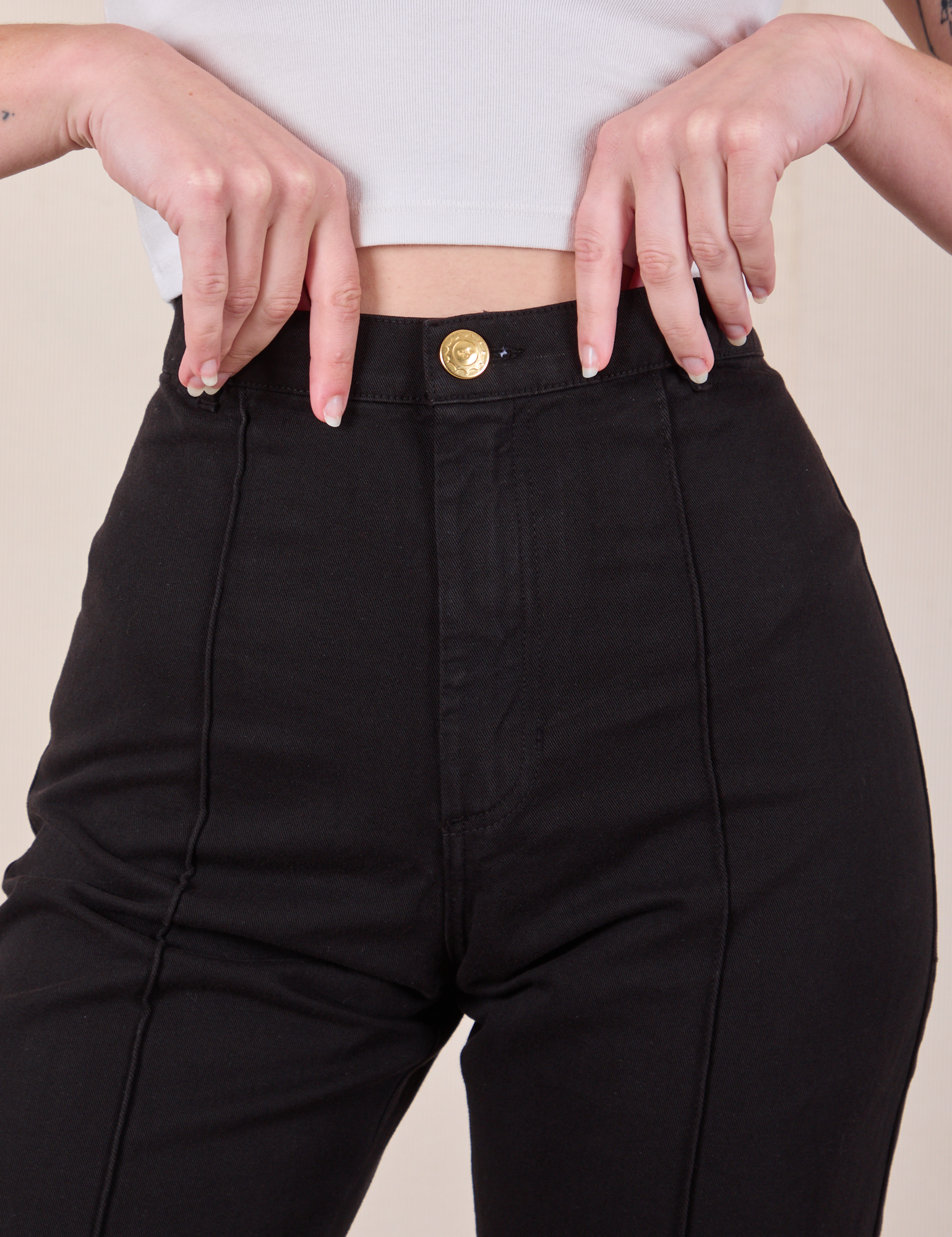 Western Pants in Basic Black front close up on Alex
