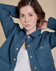 Denim Work Jacket in French Blue close up on Hana