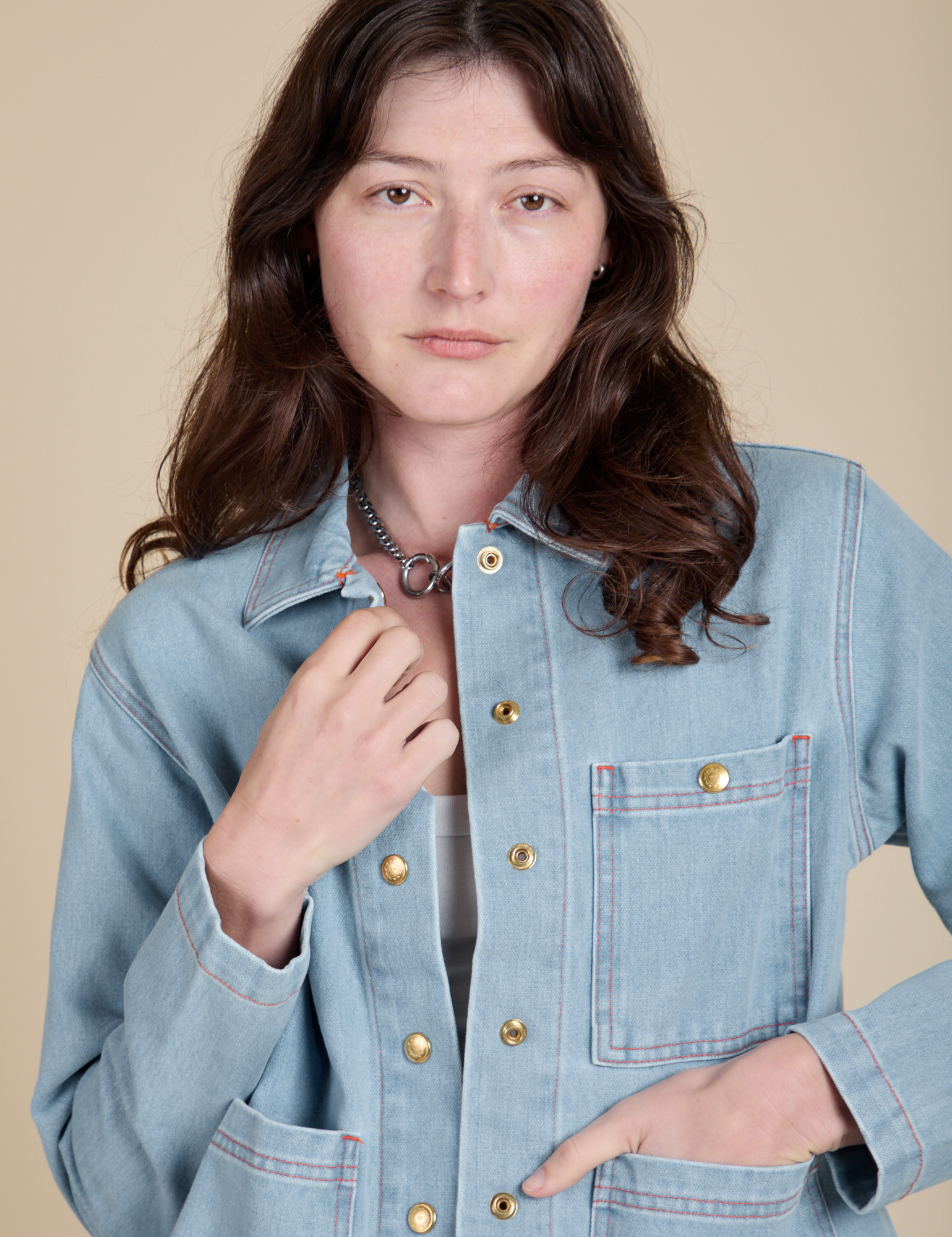 Indigo Denim Work Jacket in Light Wash close up on Alex