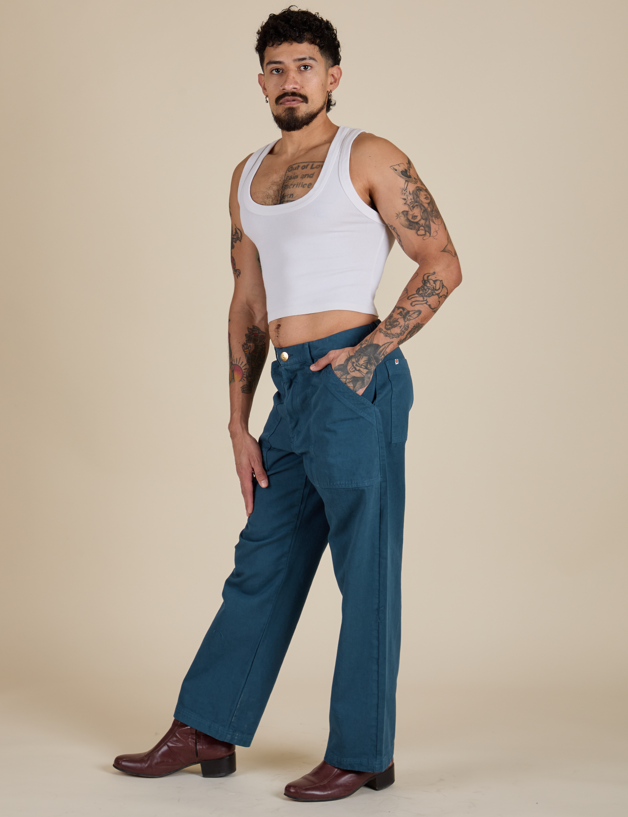 Side view of Work Pants in Lagoon on Jesse