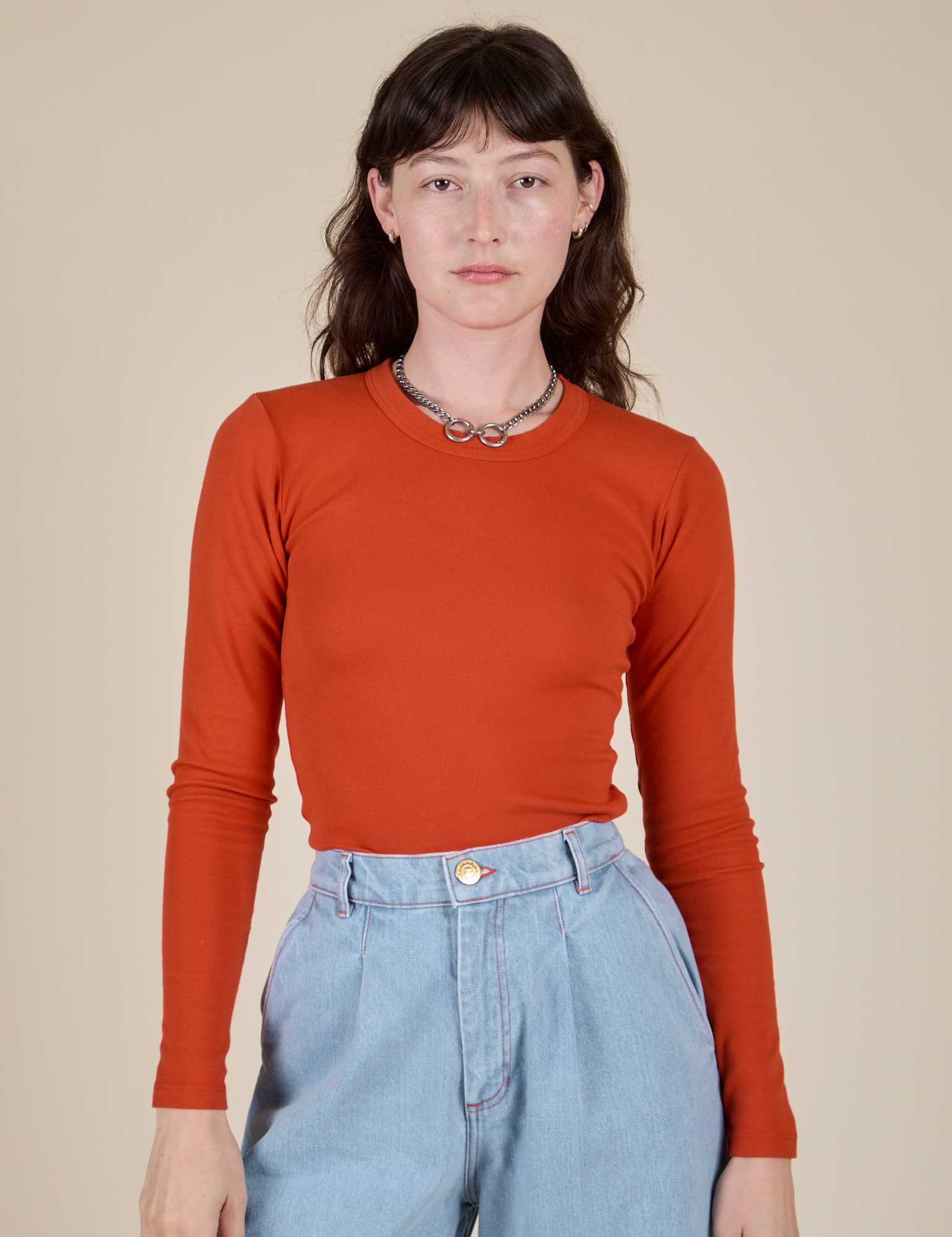 Long Sleeve Baby Tee in Chili Red on Alex