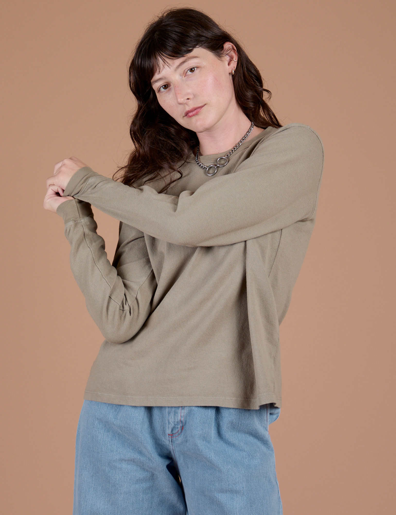 Long Sleeve Burly Tee in Khaki Grey worn by Alex