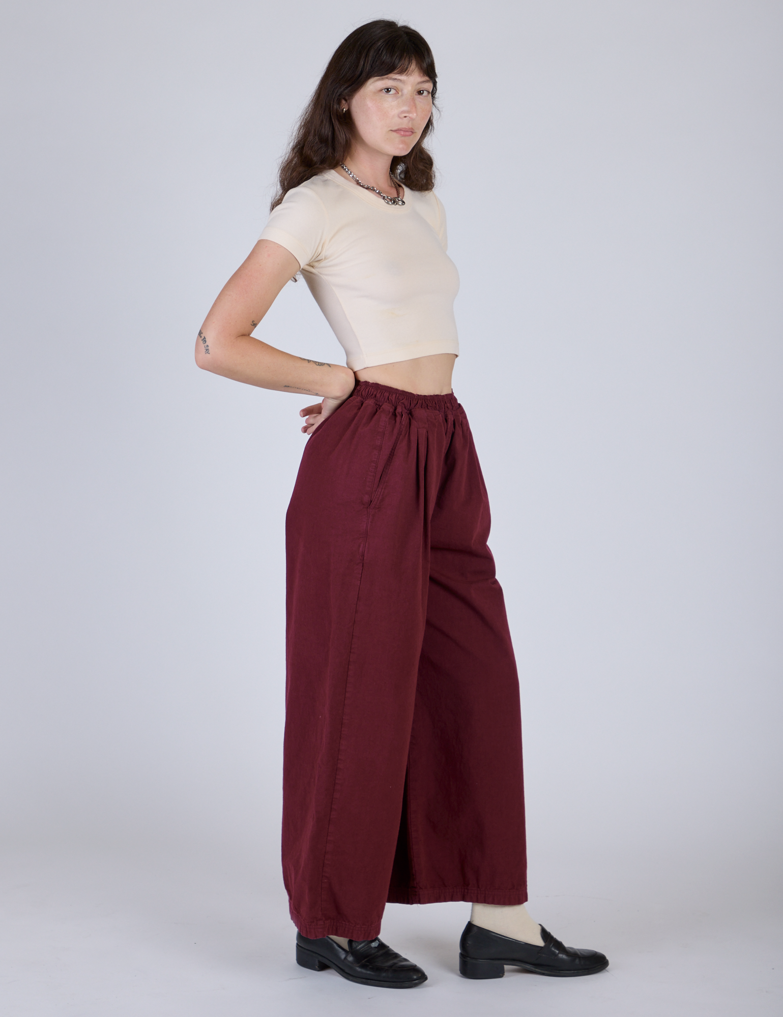 Pleated Pull-On Pants - Red Wine