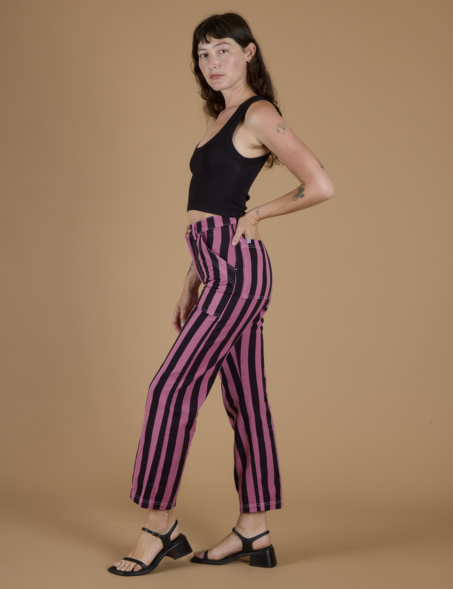 Black Stripe Work Pants - Bubblegum Pink