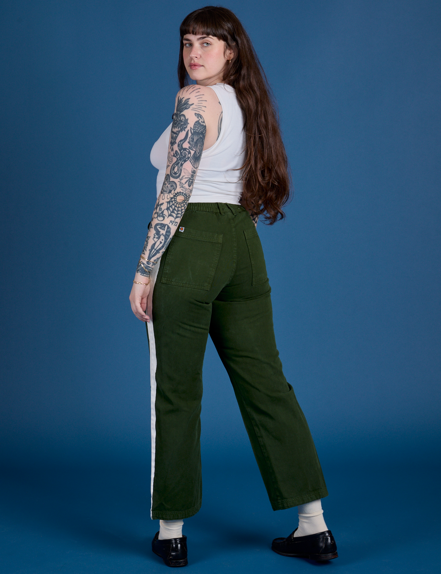 Painted Work Pants in Evergreen angled back view on Sydney