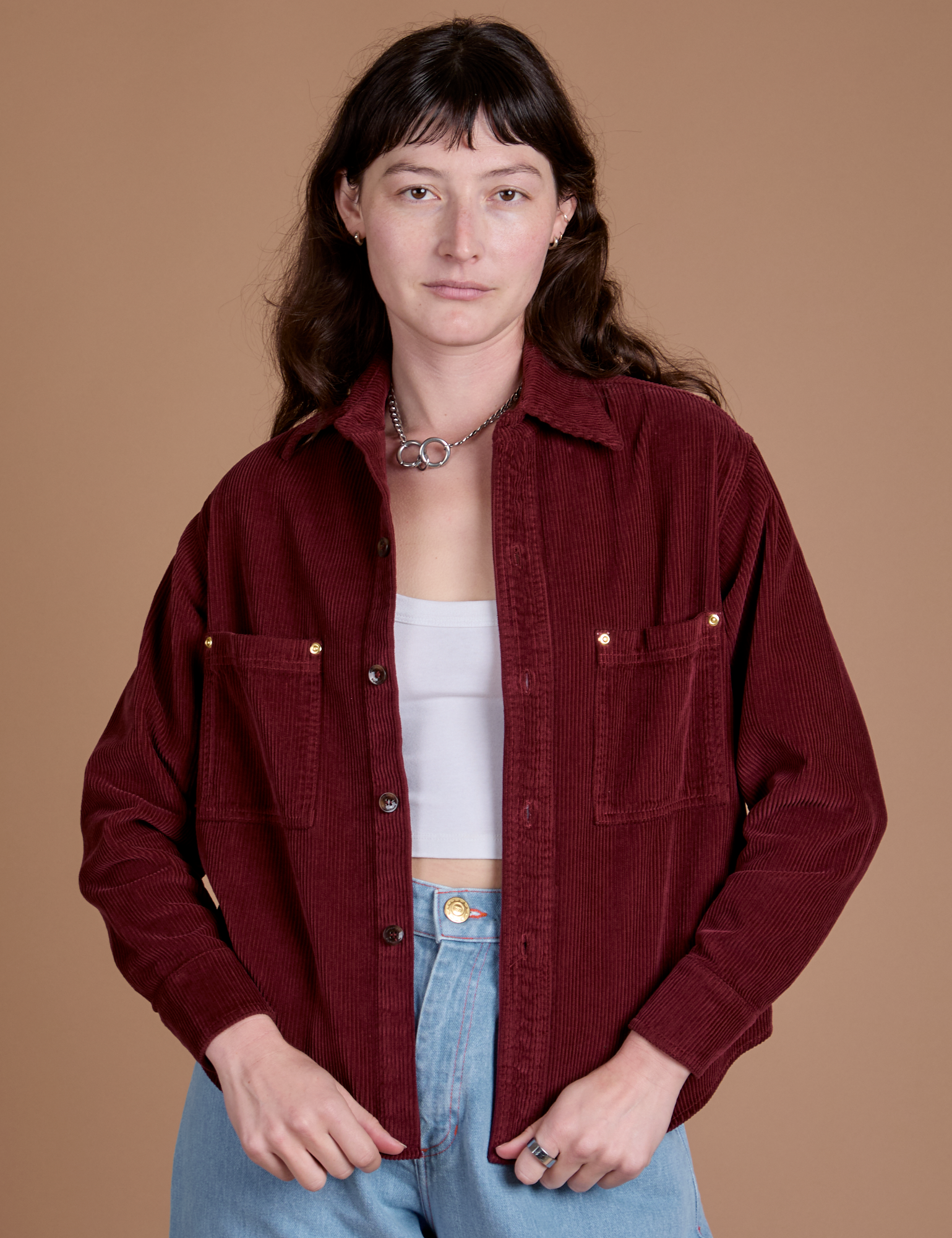 Cropped Corduroy Overshirt in Red Wine worn by Alex