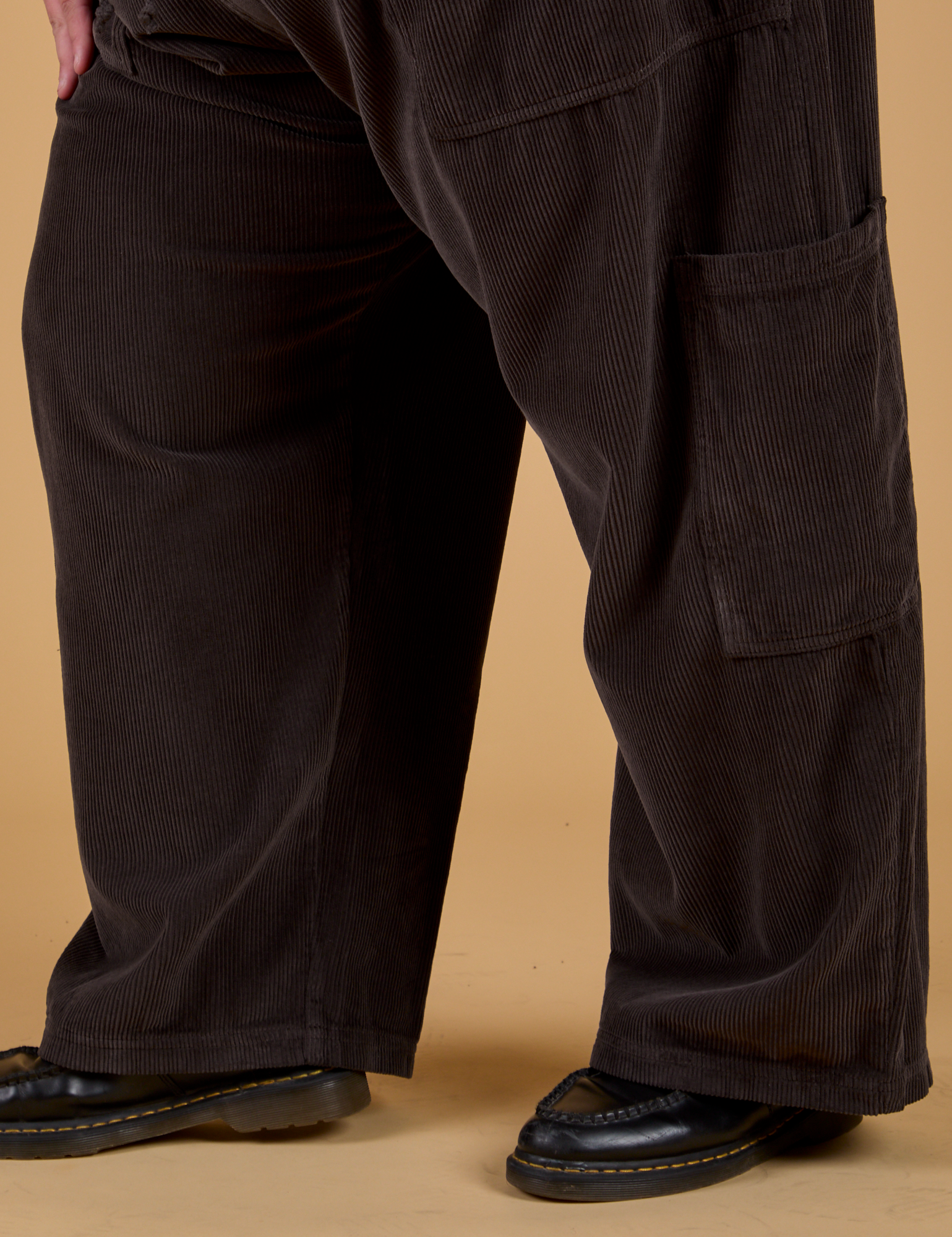 Pant leg side view close up of Corduroy Drop Pocket Cargo Pants in Espresso Brown on Sam