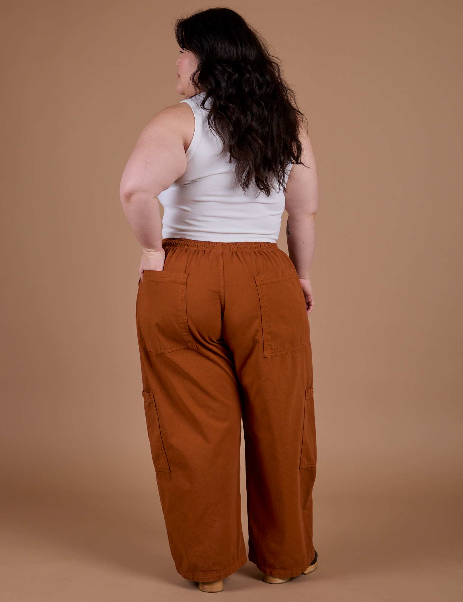 Drop Pocket Cargo Pants in Burnt Terracotta back view on Ashley