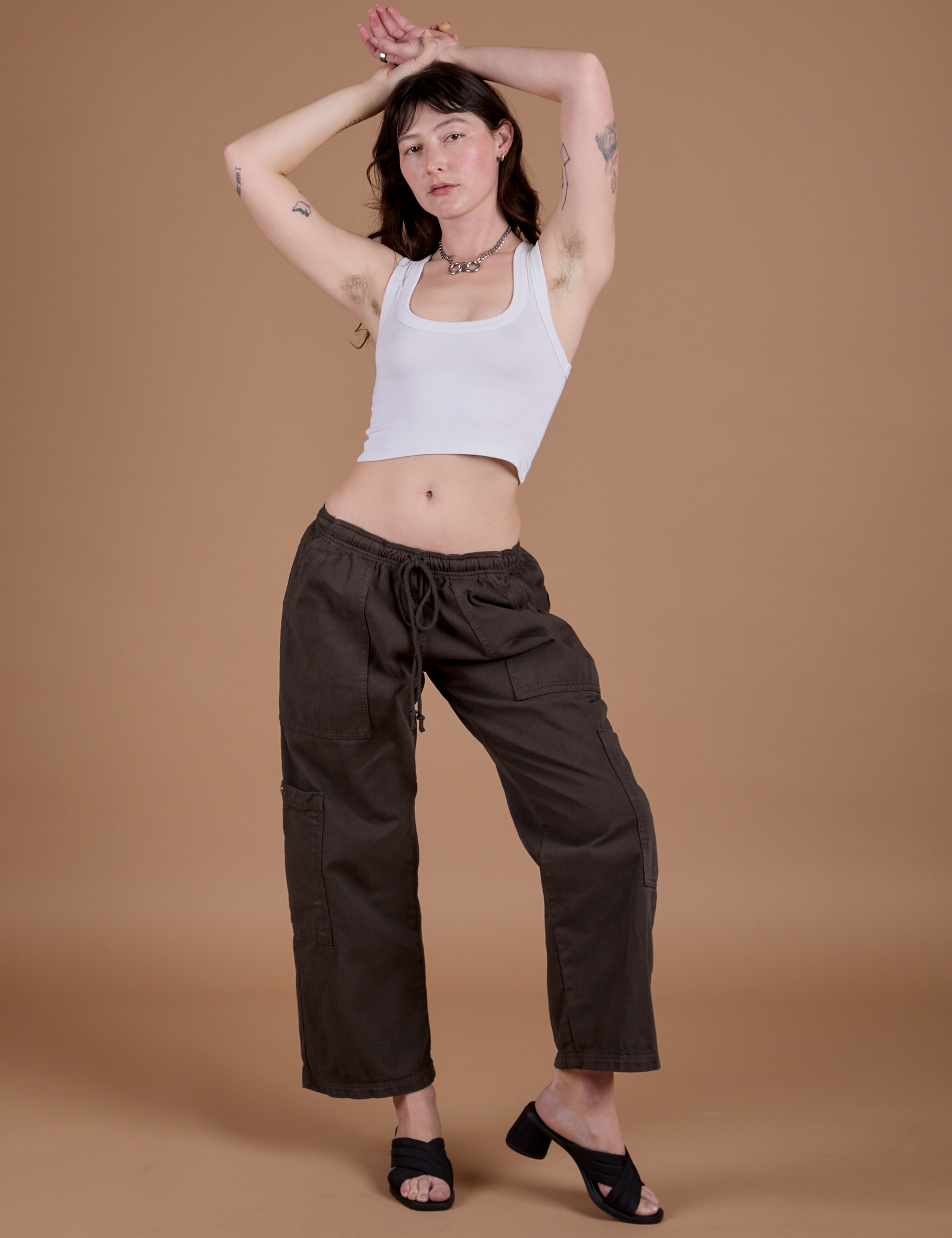 Drop Pocket Cargo Pants in Espresso Brown and Cropped Tank in Vintage Tee White on Alex