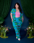 Ashley is wearing Paintstamped Pantry Button-Up in Lilypad and matching Work Pants