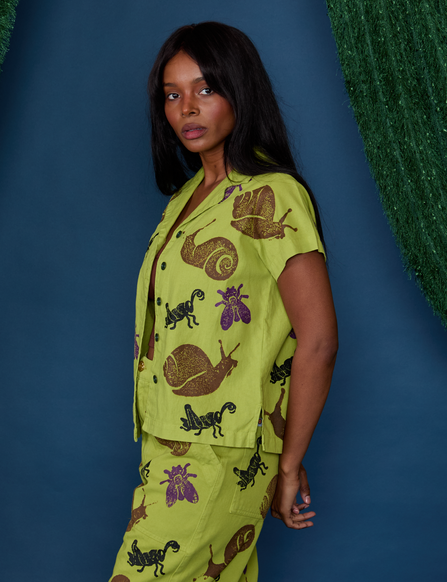 Paintstamped Pantry Button-Up in Big Bug side view on Kandia