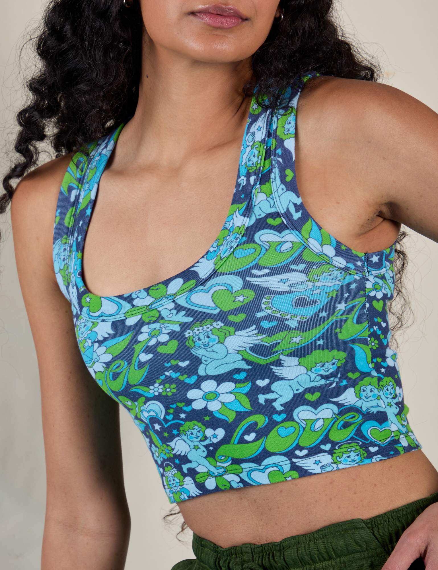 Cropped Tank Top in Angel Print close up on Shahana