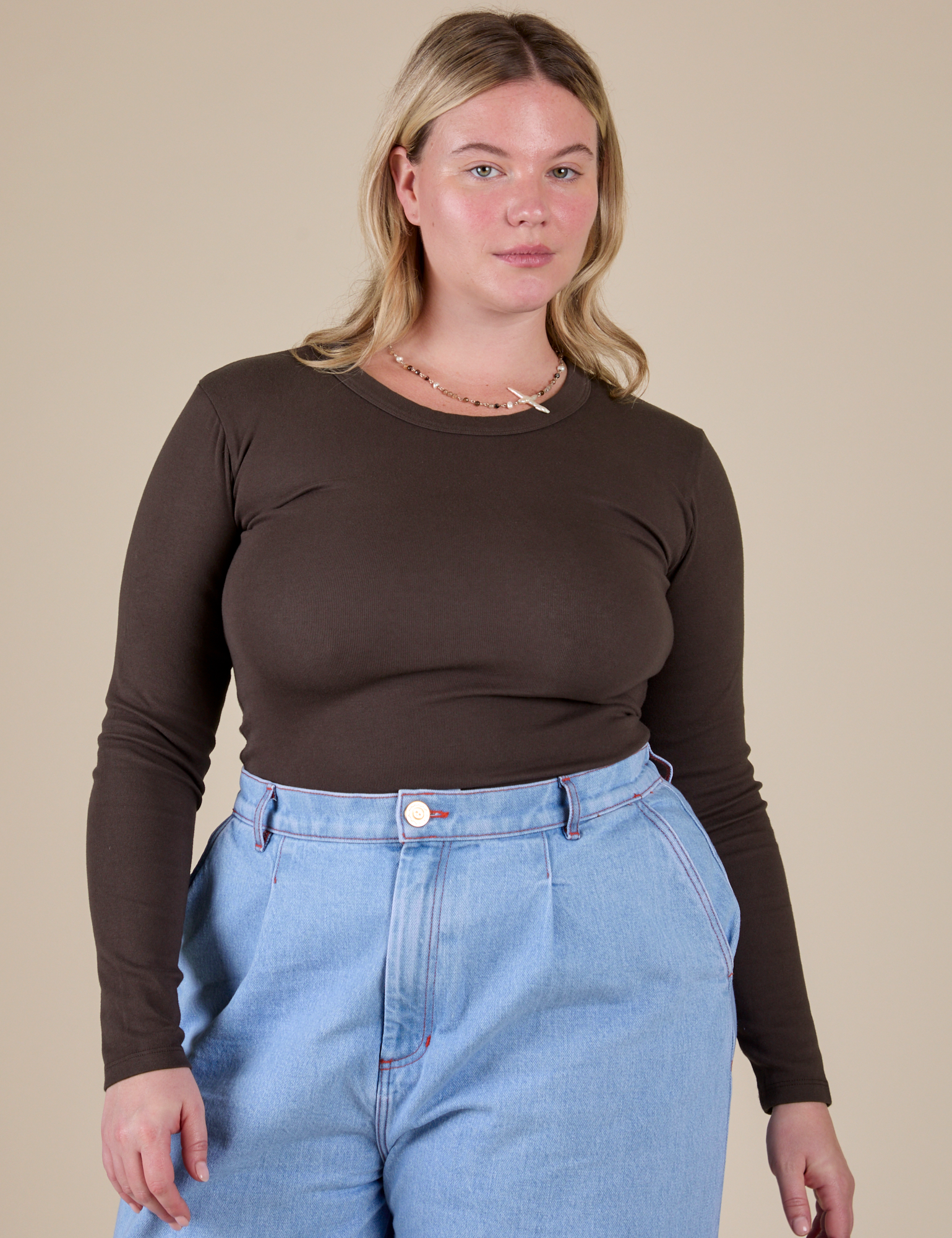 Long Sleeve Baby Tee in Espresso Brown worn by Lish