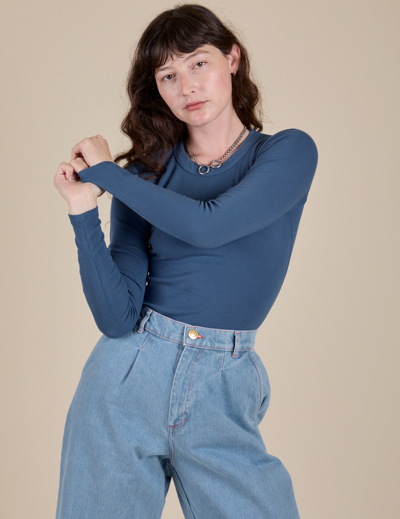 Long Sleeve Baby Tee in French Blue worn by Alex