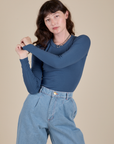Long Sleeve Baby Tee in French Blue worn by Alex