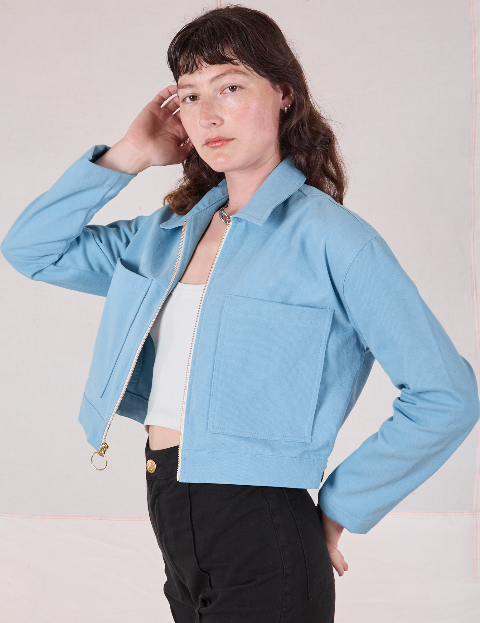 Mechanic Jacket in Baby Blue side view on Alex