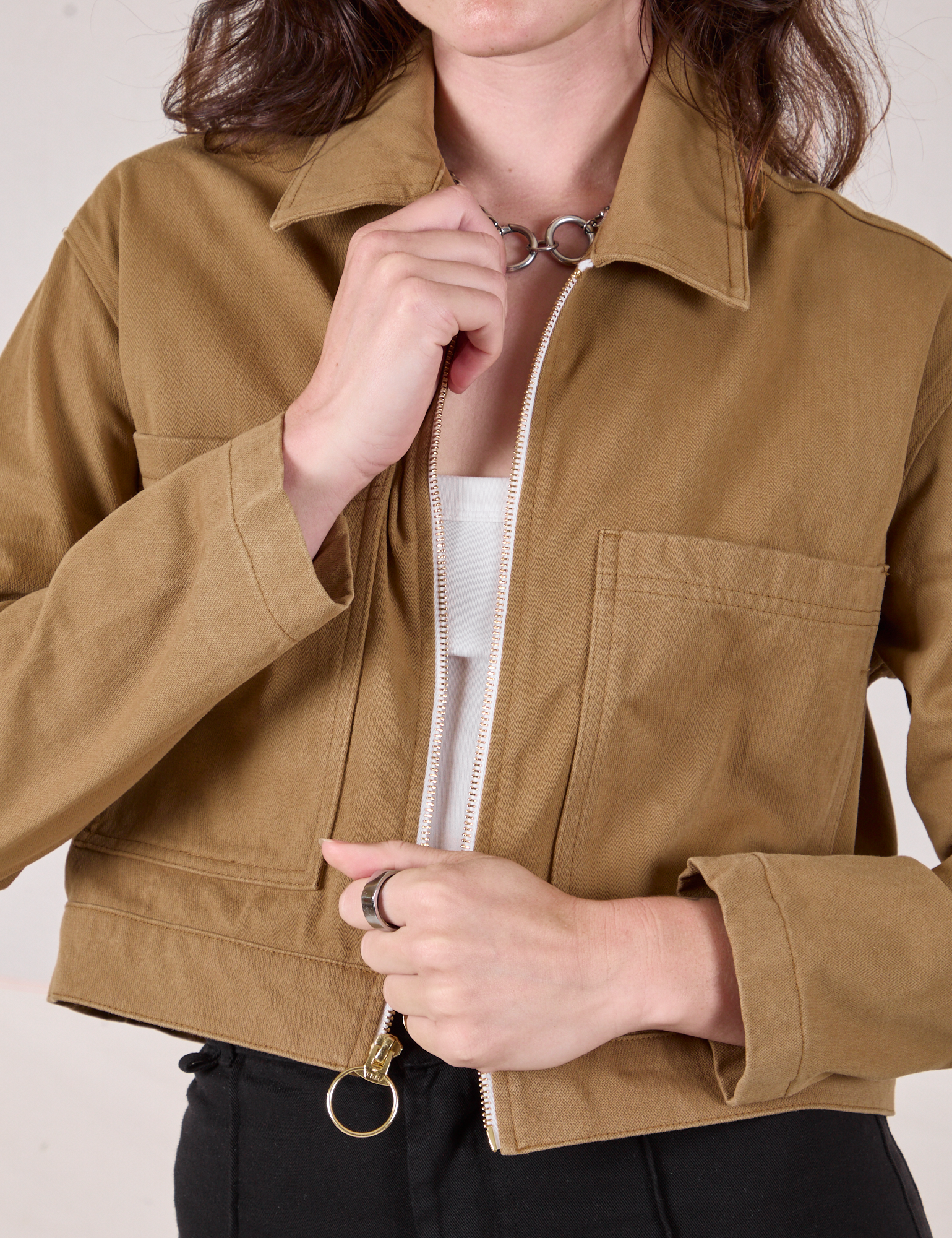 Mechanic Jacket in Desert Brown front close up on Alex