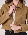 Mechanic Jacket in Desert Brown front close up on Alex