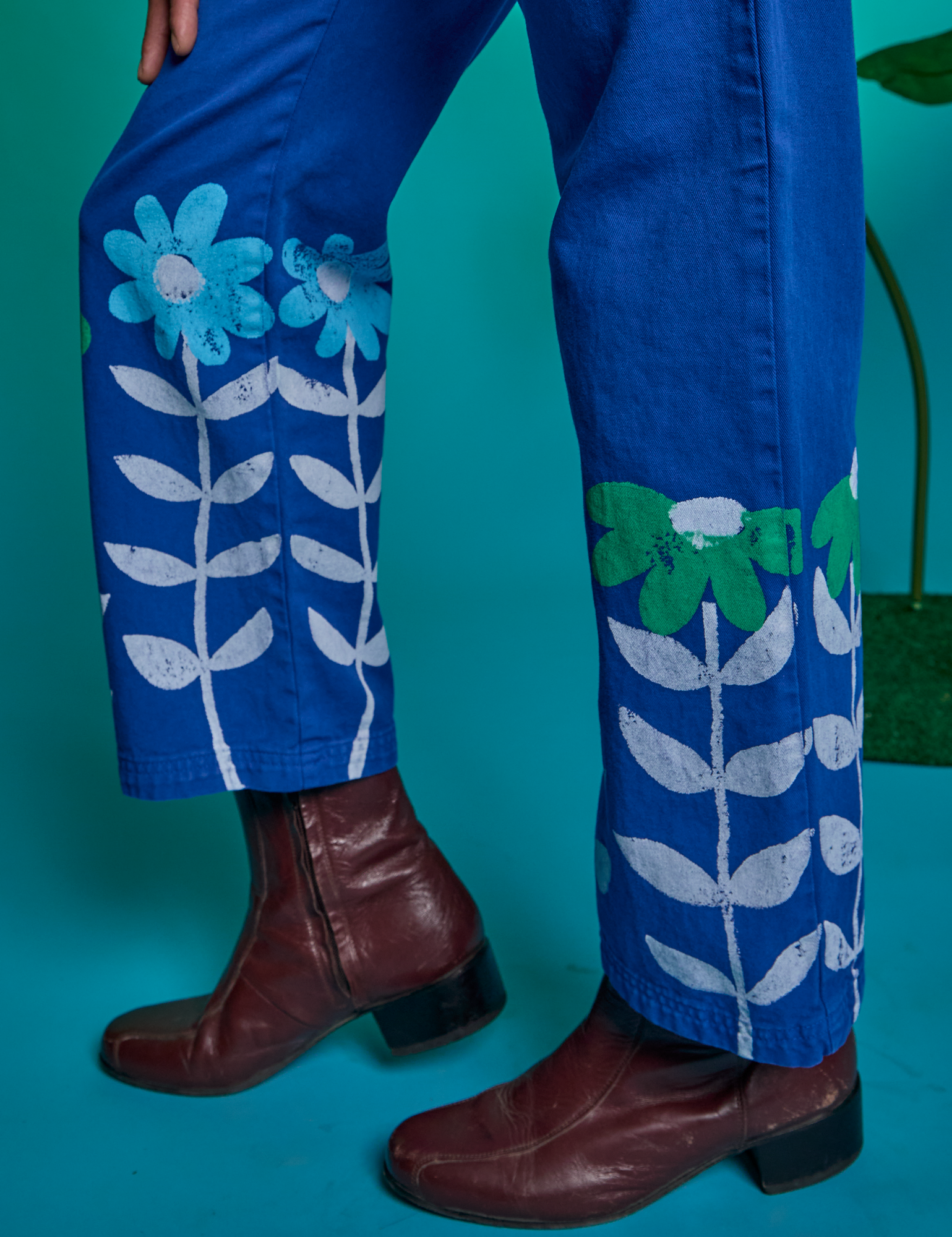 Paintstamped Work Pants in Daisy pant leg close up