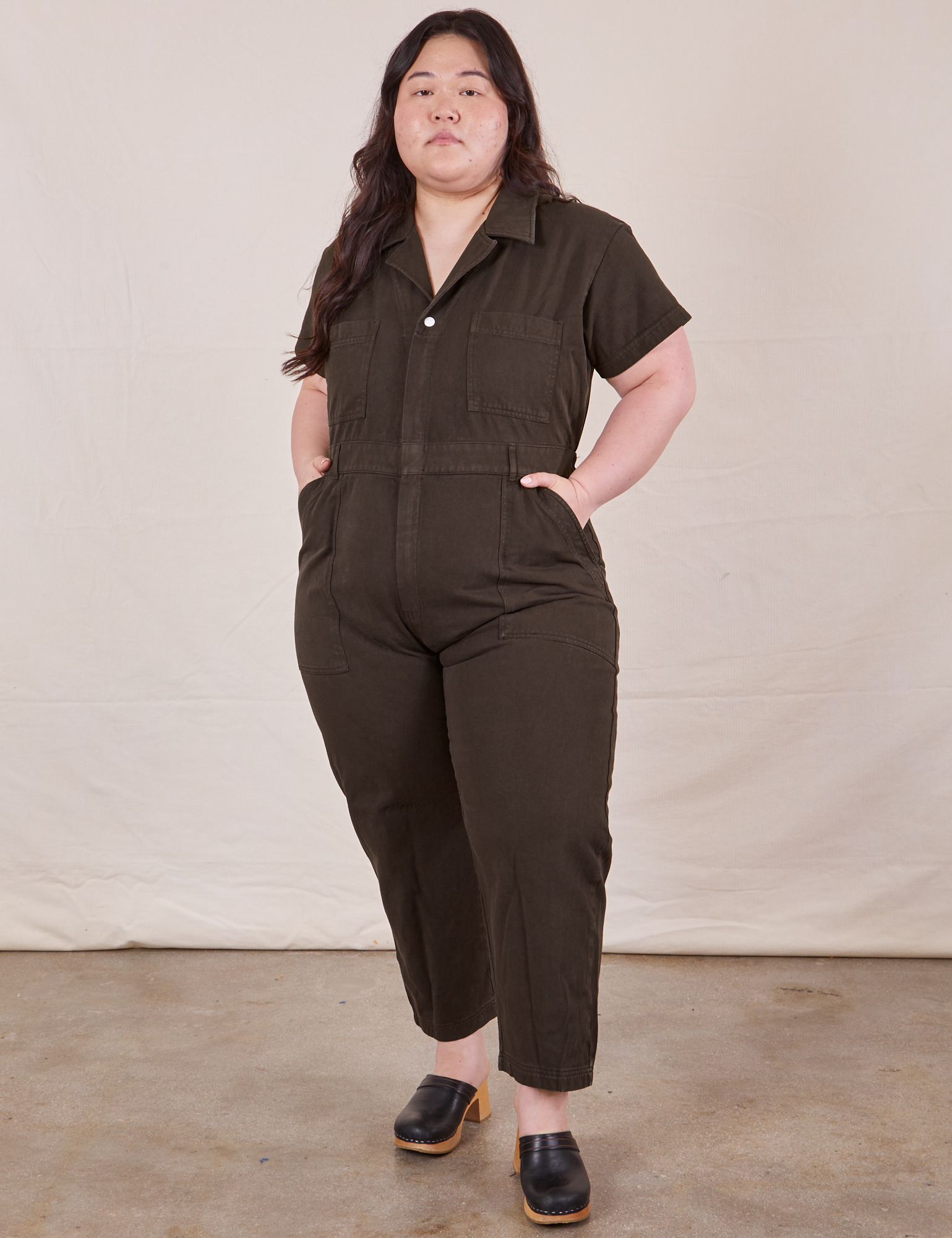 Petite Short Sleeve Jumpsuit in Espresso Brown on Ashley