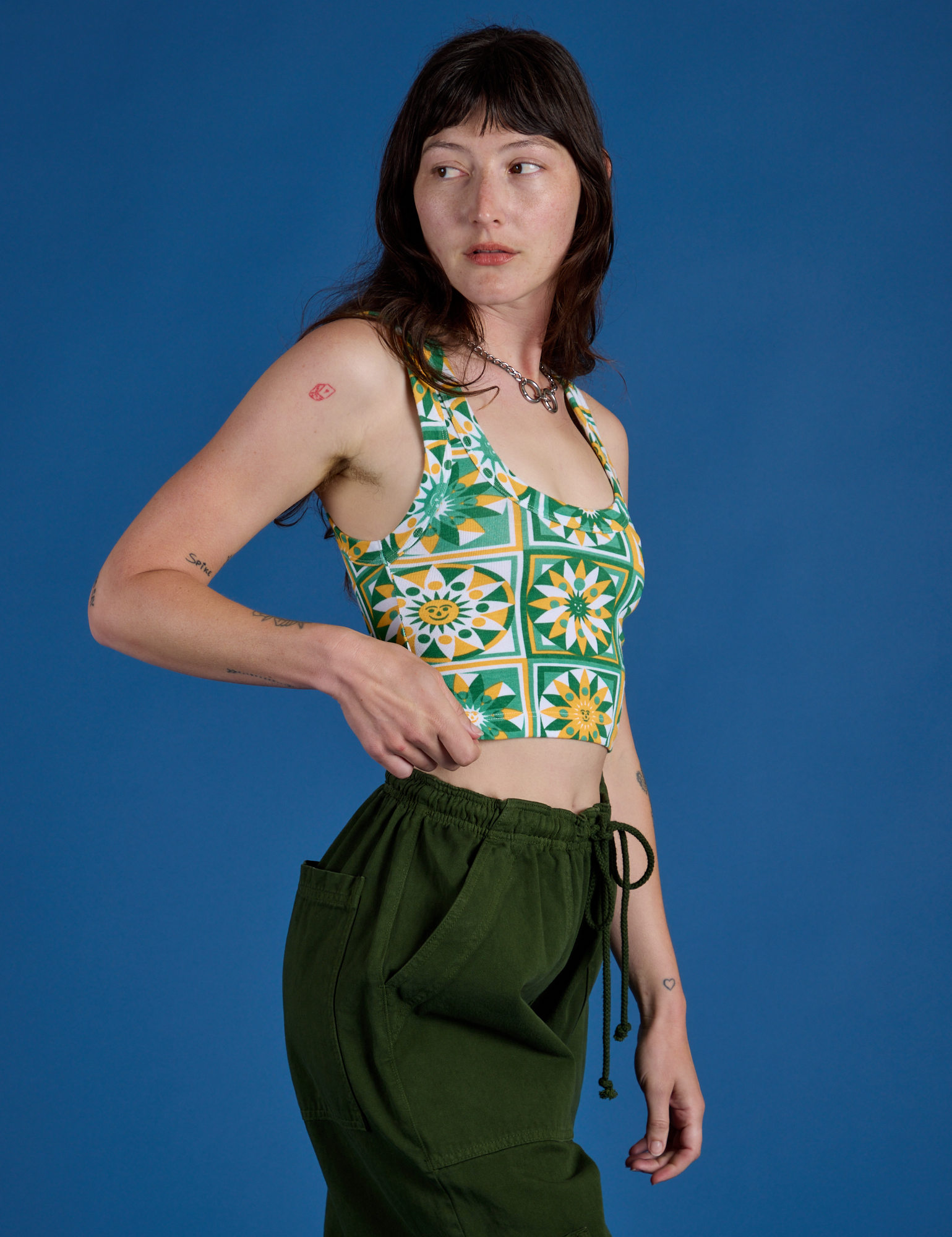 Cropped Tank Top in Spring Quilt Print angled front view on Alex