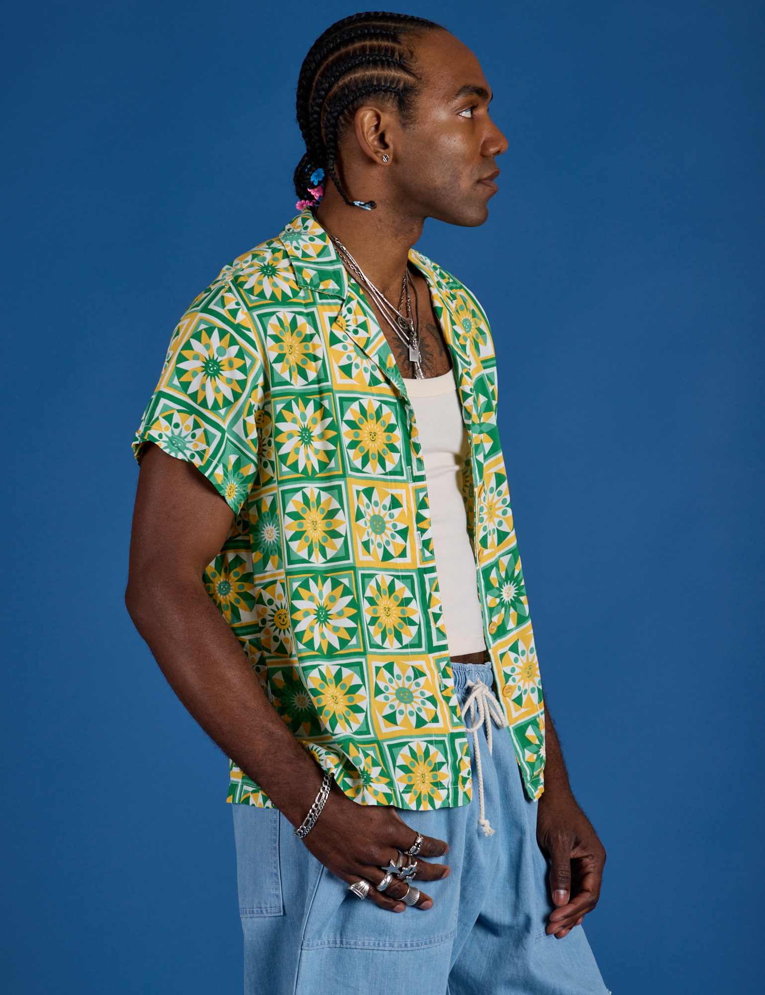 Spring Quilt Print Pantry Button-Up angled front view on Jerrod