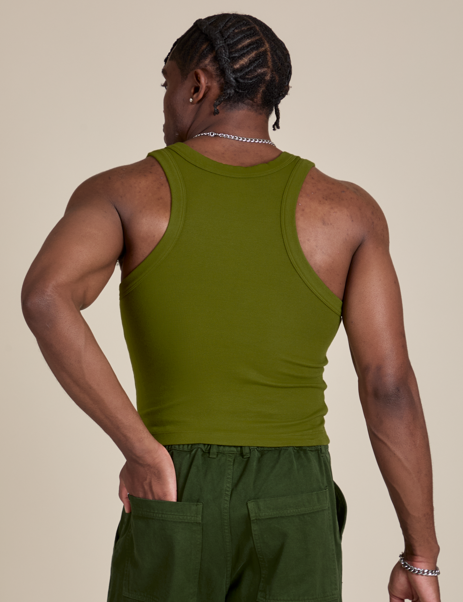 Racerback Tank in Summer Olive back view on Isaac
