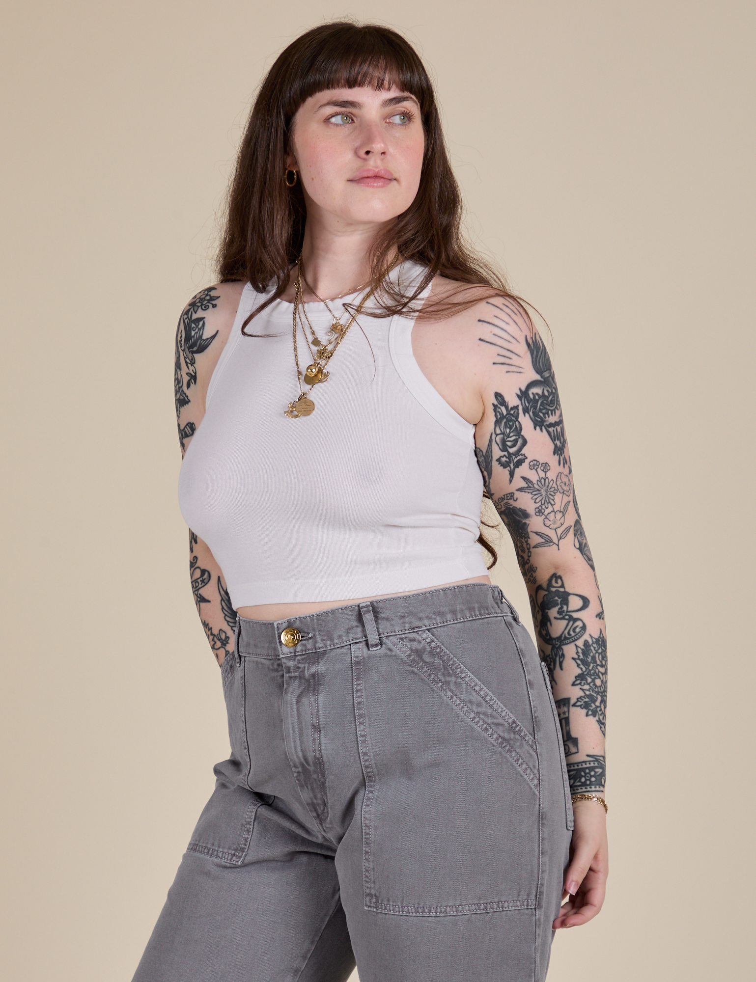 Racerback Tank in Vintage Tee White angled front view on Sydney