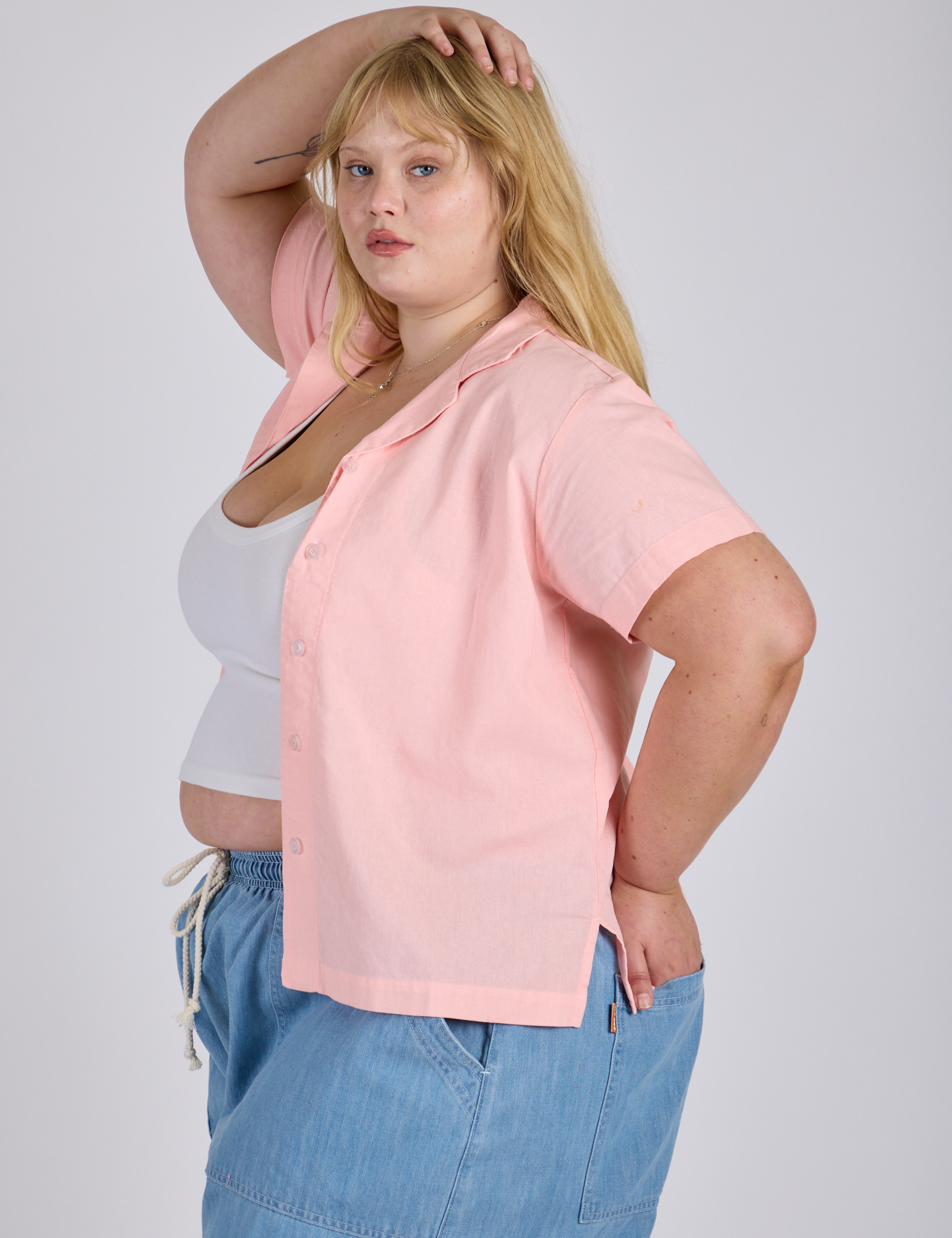 Side view of  Pantry Button-Up in Baby Pink on Juliet