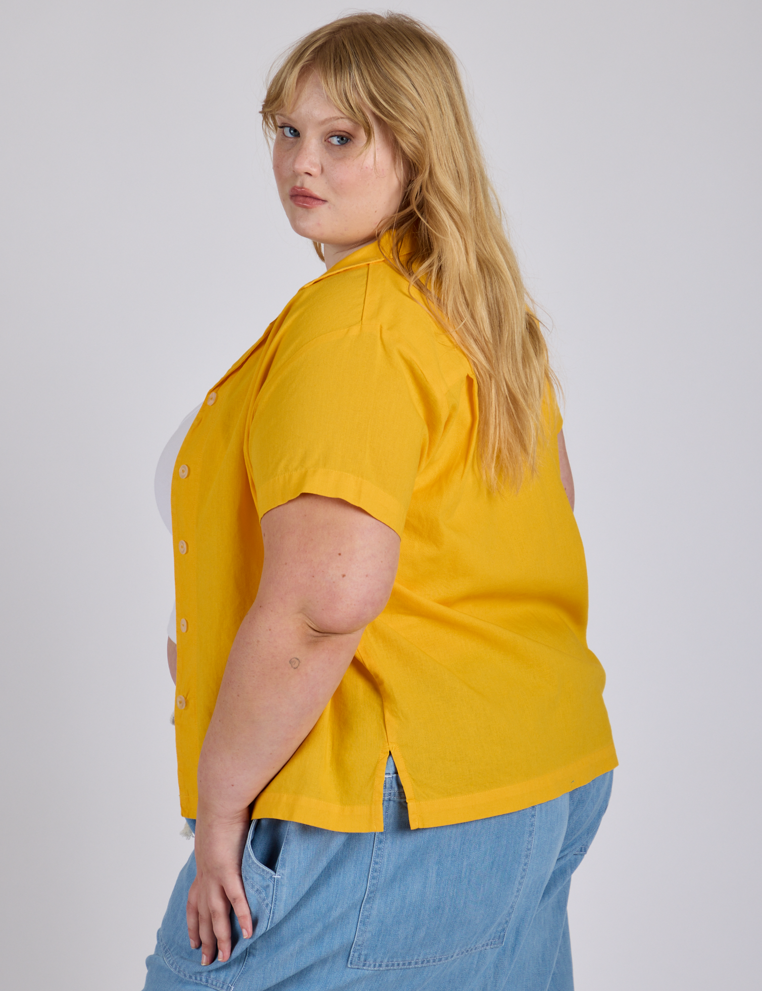 Side view of Pantry Button-Up in Sunshine Yellow on Juliet