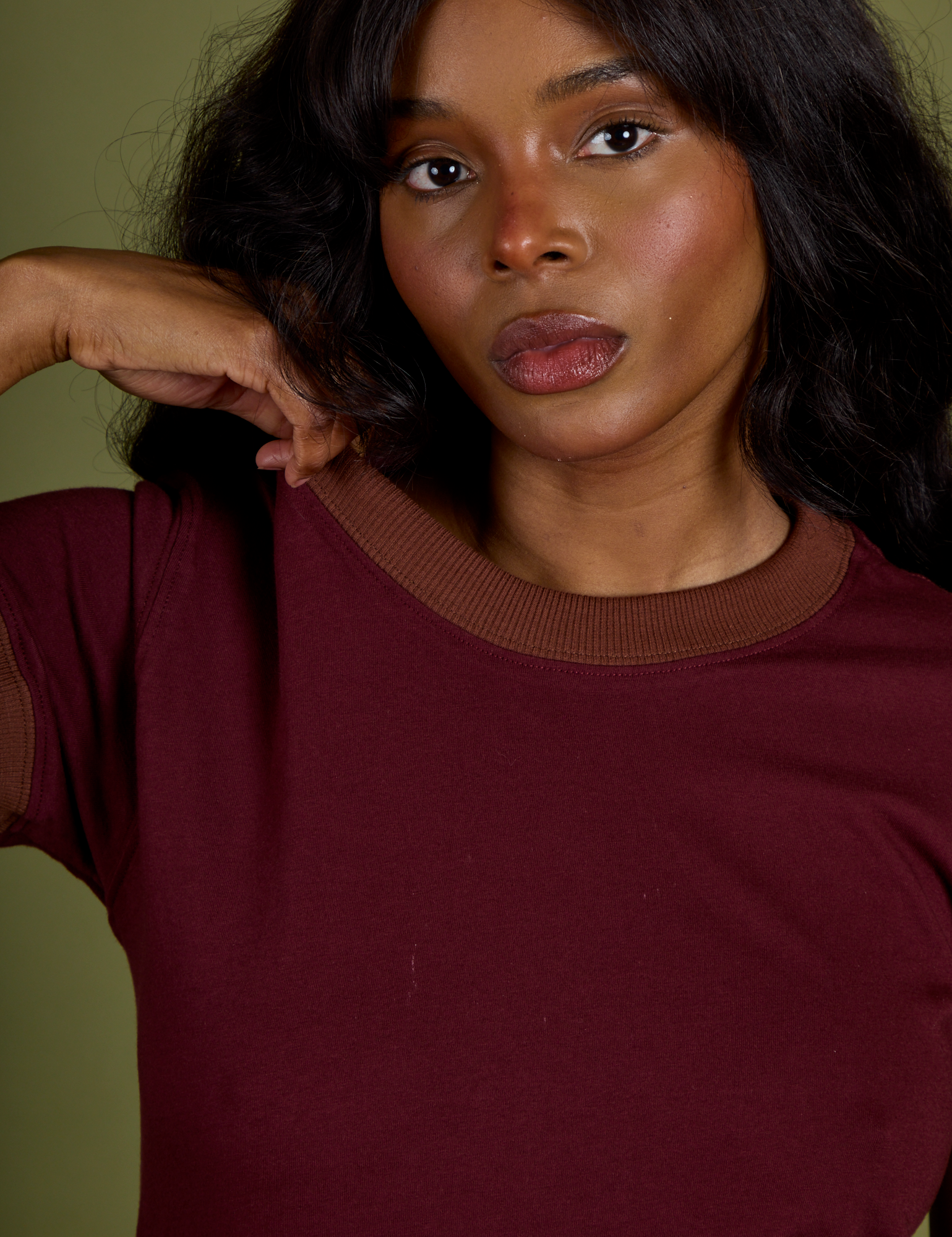 Front close up of Vintage Ringer Tee in Red Wine on Kandia