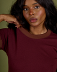 Front close up of Vintage Ringer Tee in Red Wine on Kandia