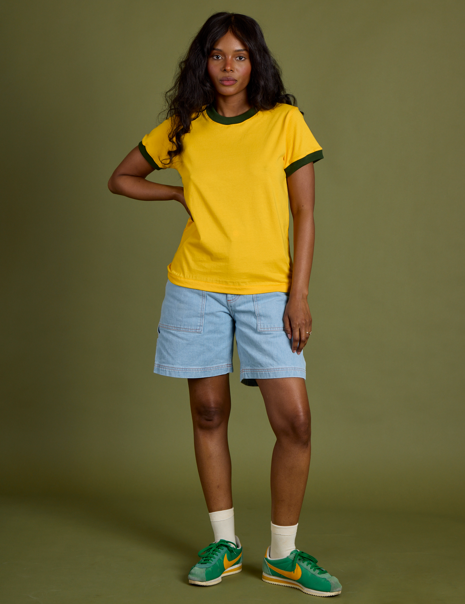 Vintage Ringer Tee in Sunshine Yellow and Carpenter Shorts in Light Wash worn by Kandia