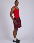 Side view of Pleated Trouser Shorts in Red Wine and mustang red Cropped Tank