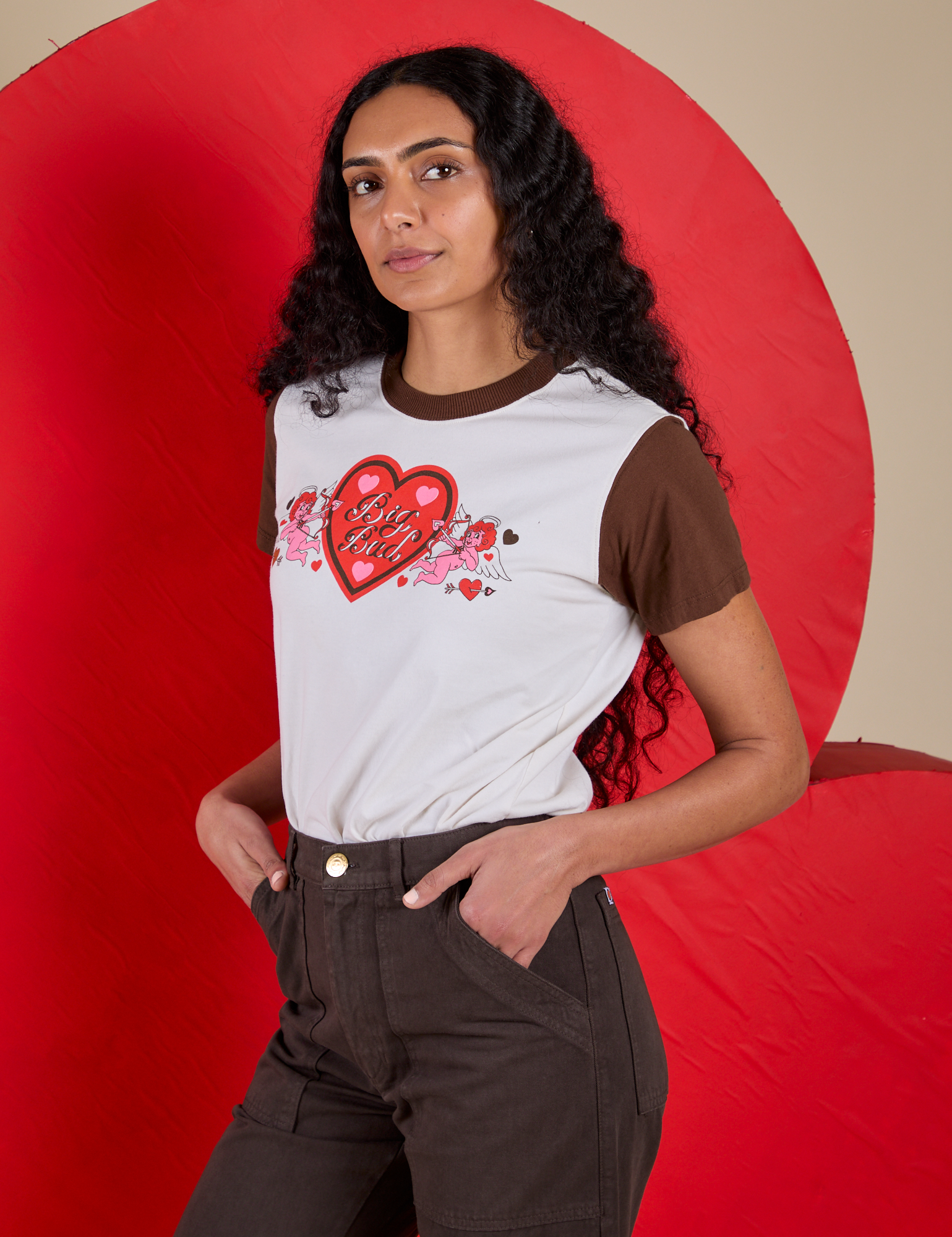 Angled front view of Vintage Tee in Love Big Bud on Shahana