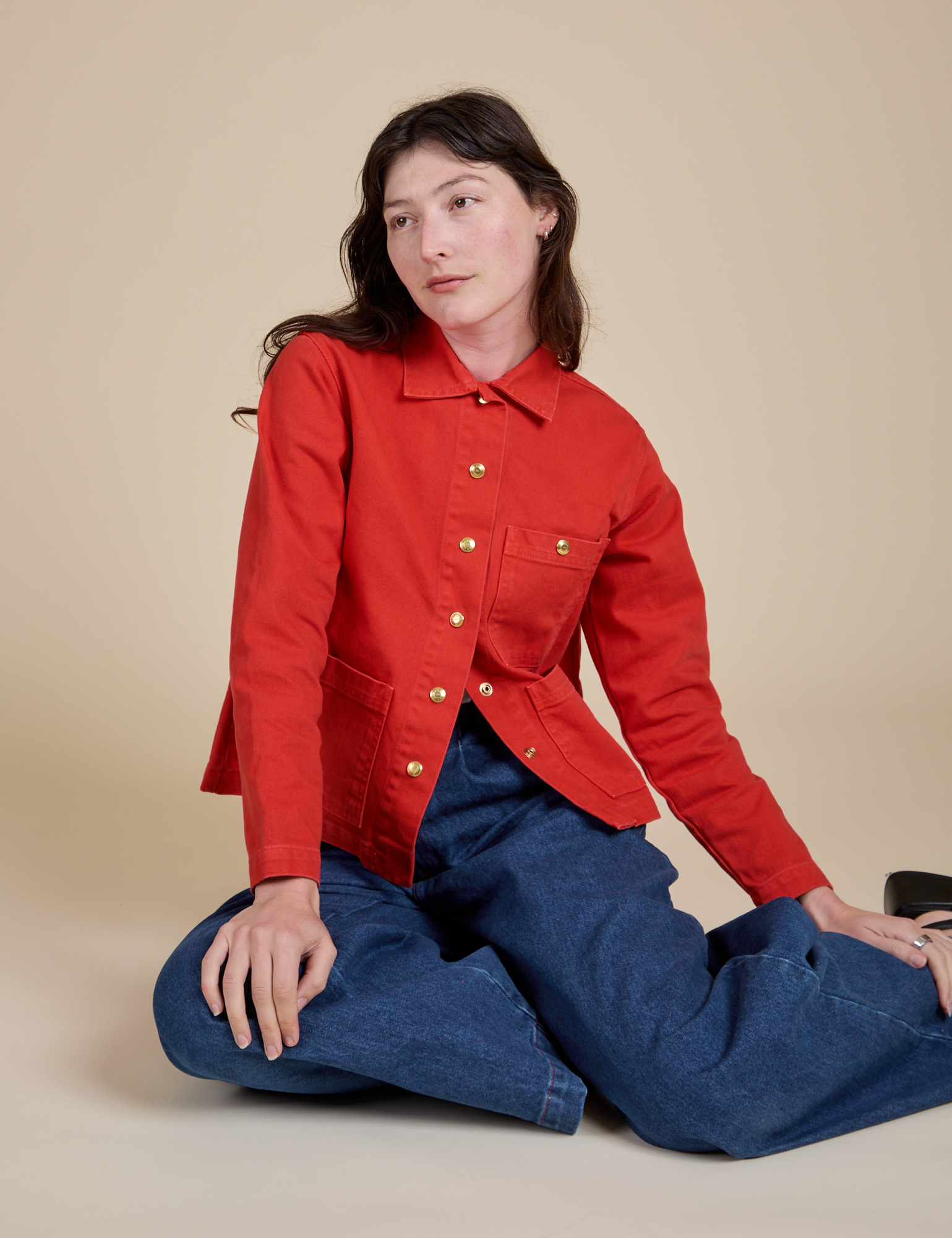 Denim Work Jacket in Mustang Red on Alex