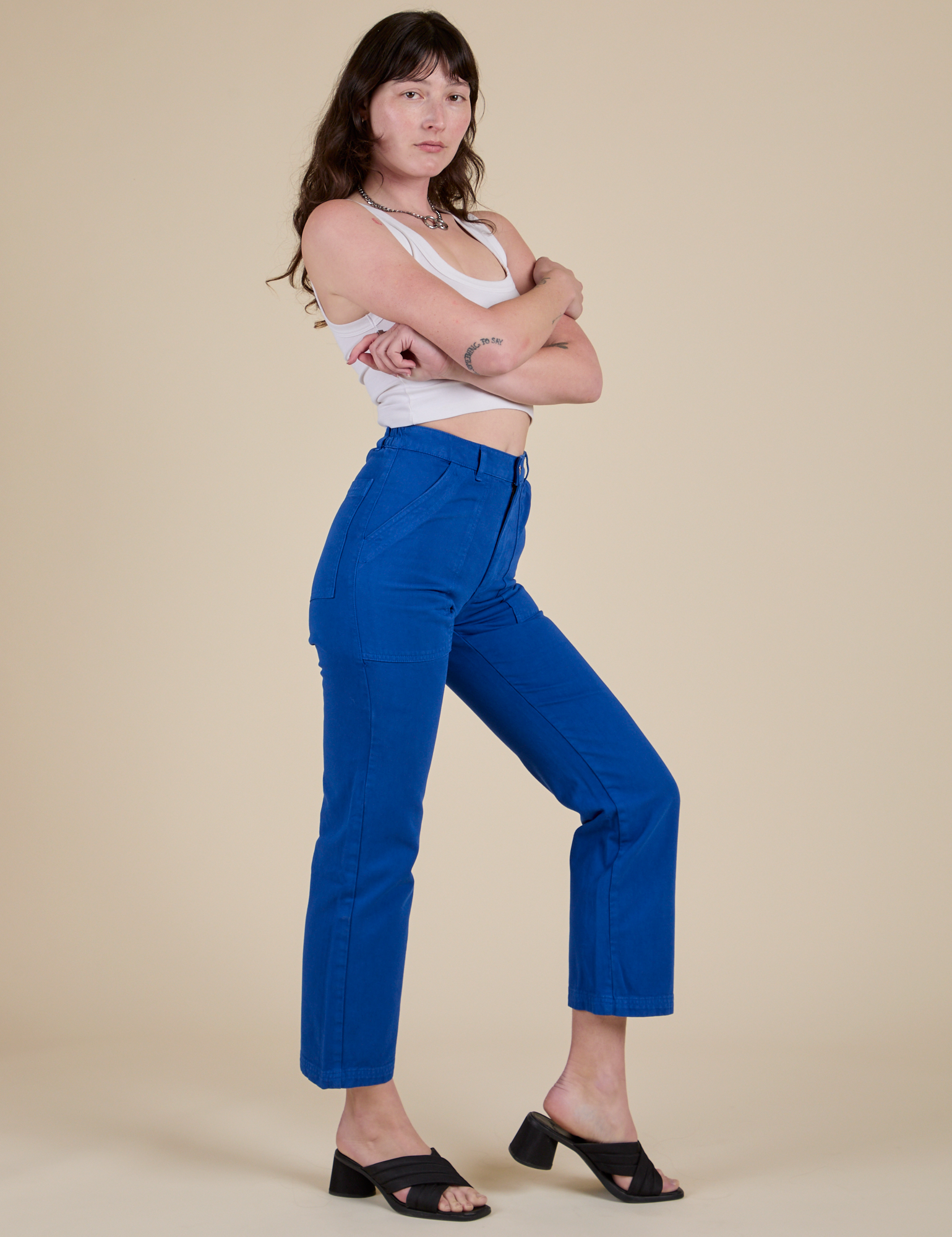 Work Pants in Royal Blue side view on Alex