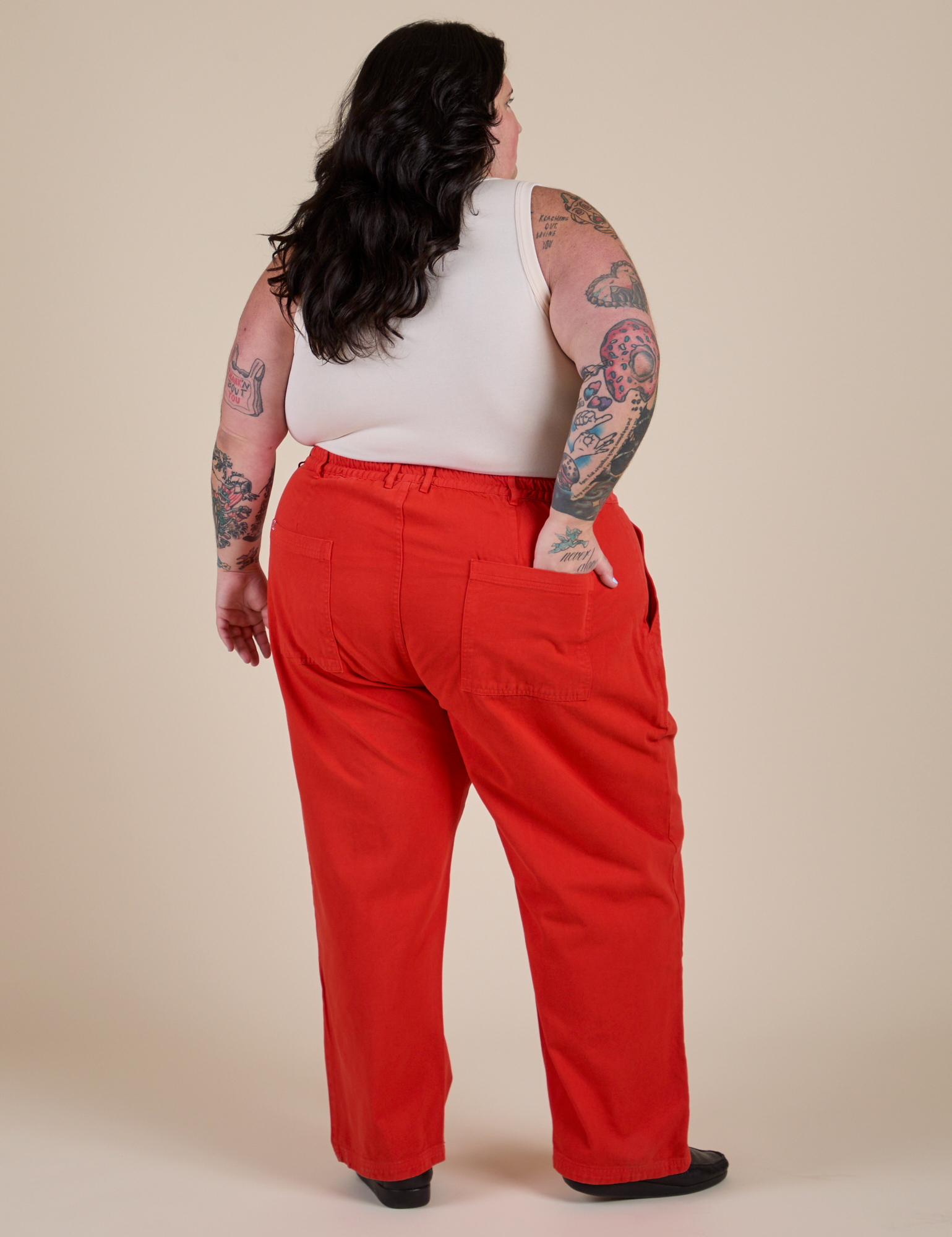 Back view of Work Pants in Mustang Red on Sam