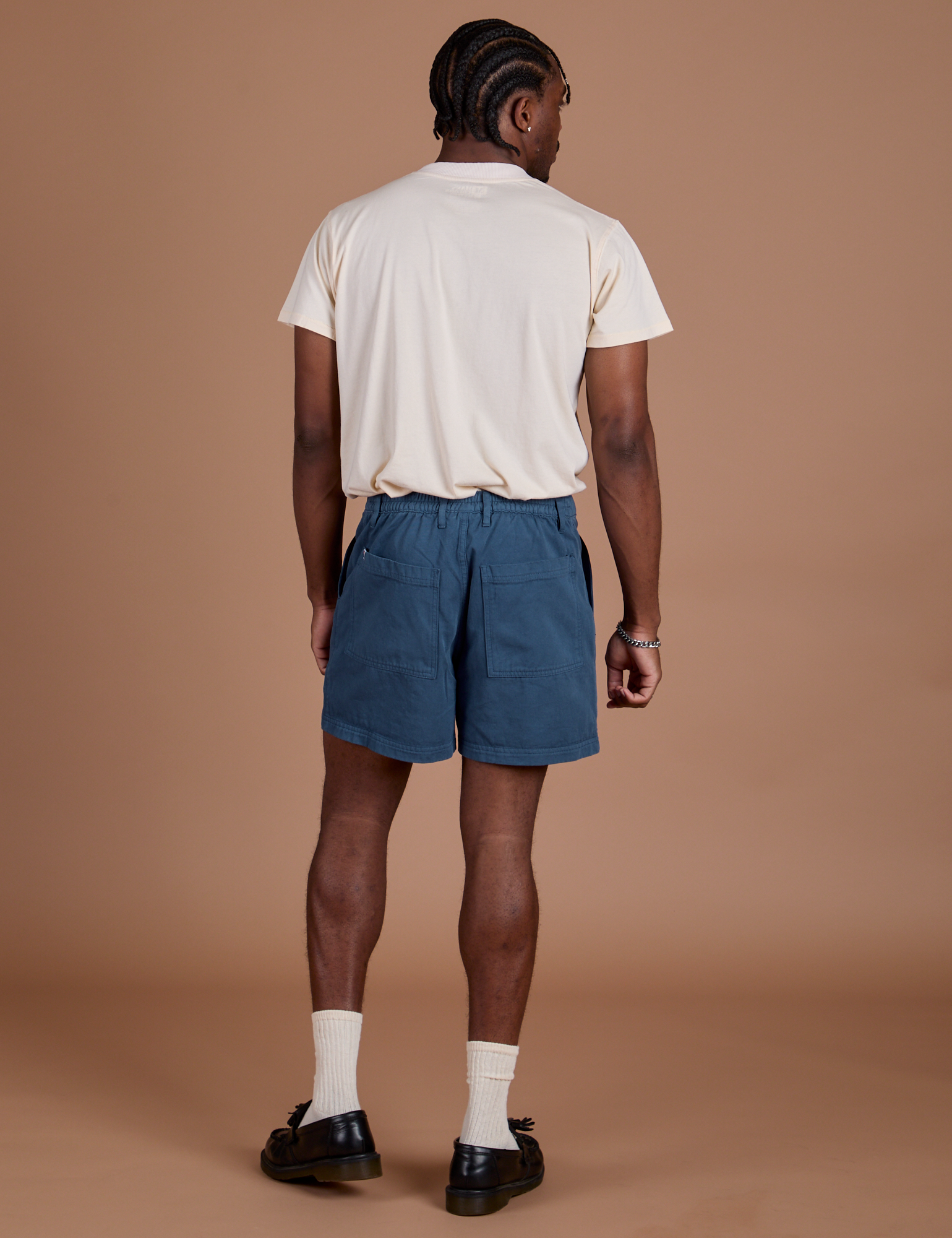 Back view of Classic Work Shorts in French Blue and Organic Vintage Tee in Vintage Off-White