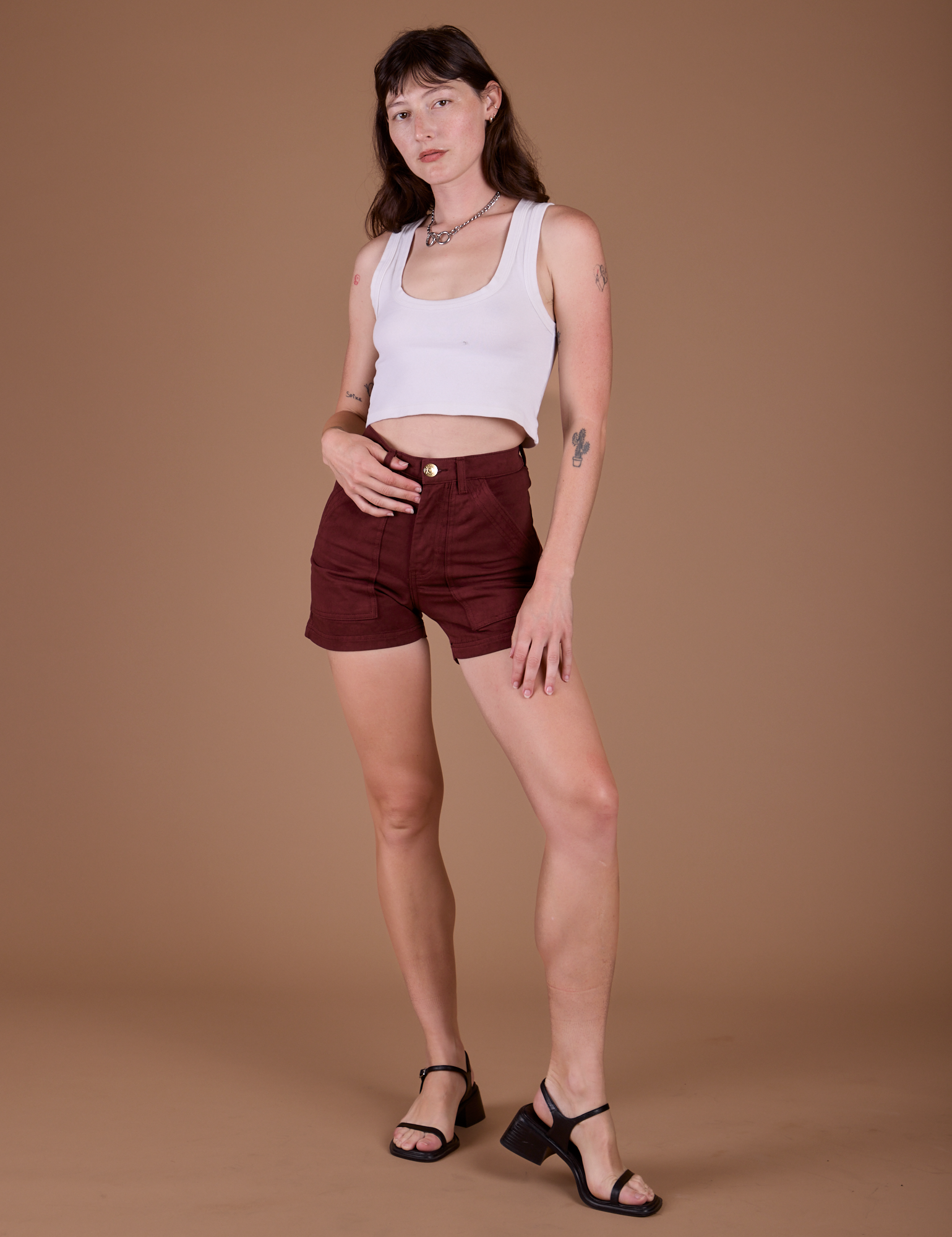 Classic Work Shorts in Red Wine and Cropped Tank in Vintage Tee White on Alex